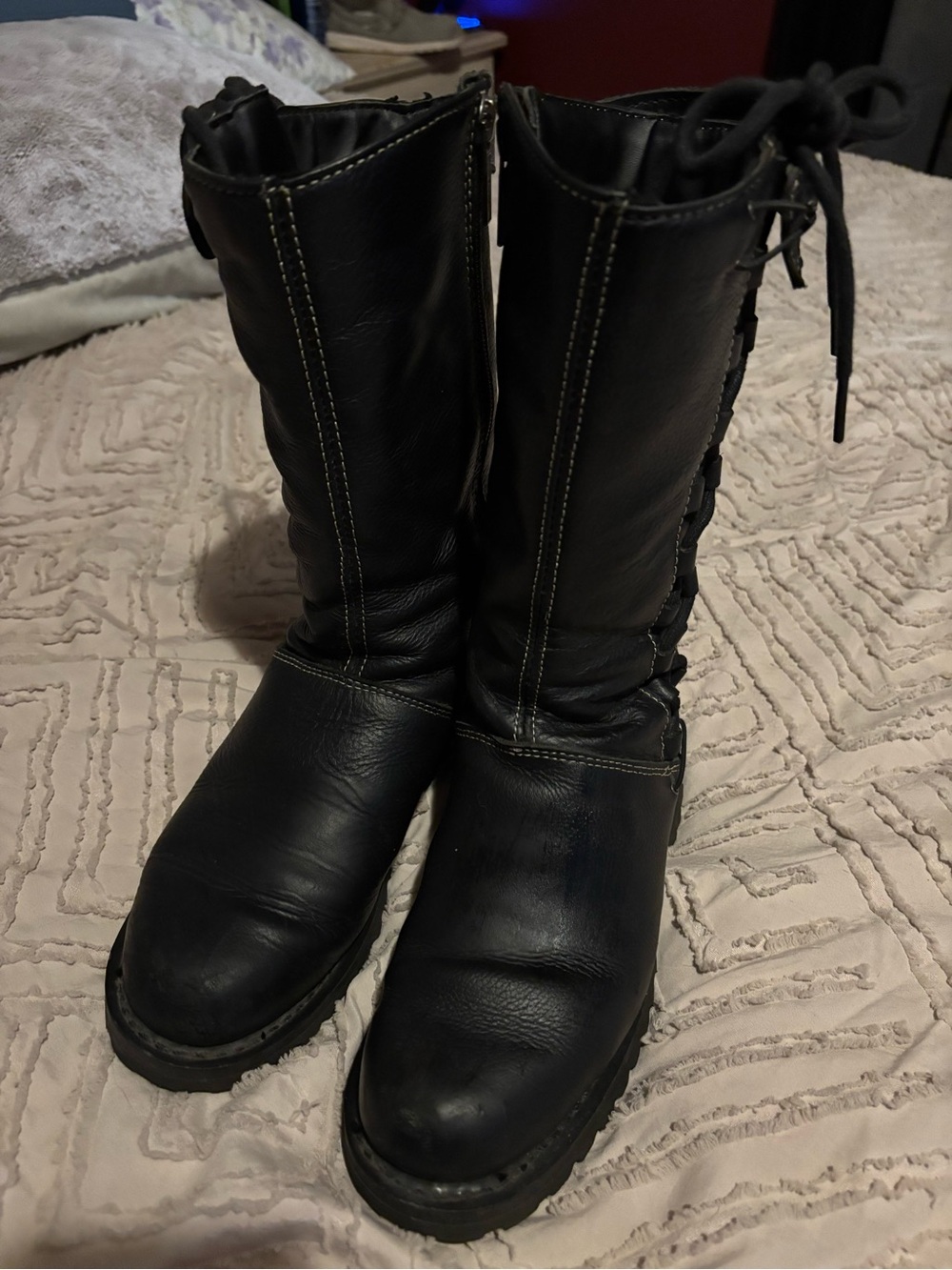 Women’s Black Leather Lace-Back Mid-Calf Boots